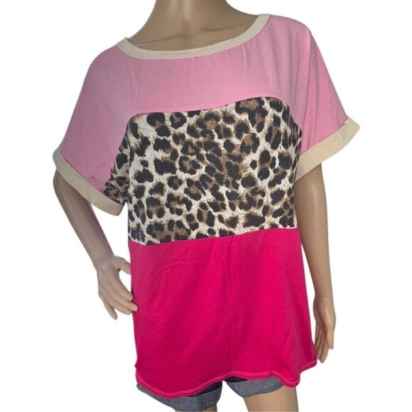 NWT Bibi Pink And Cheetah Print Color Block  Loose Fit T-Shirt - Picture 1 of 5